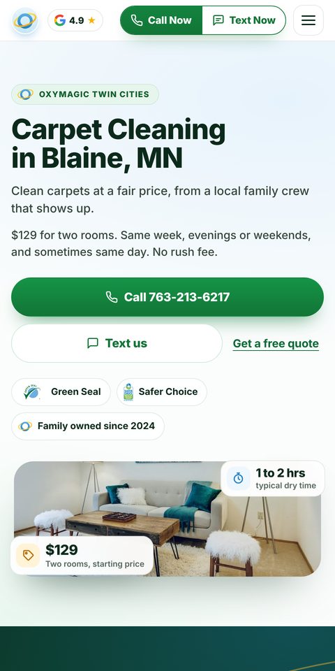 OxyMagic Carpet Cleaning website on a phone